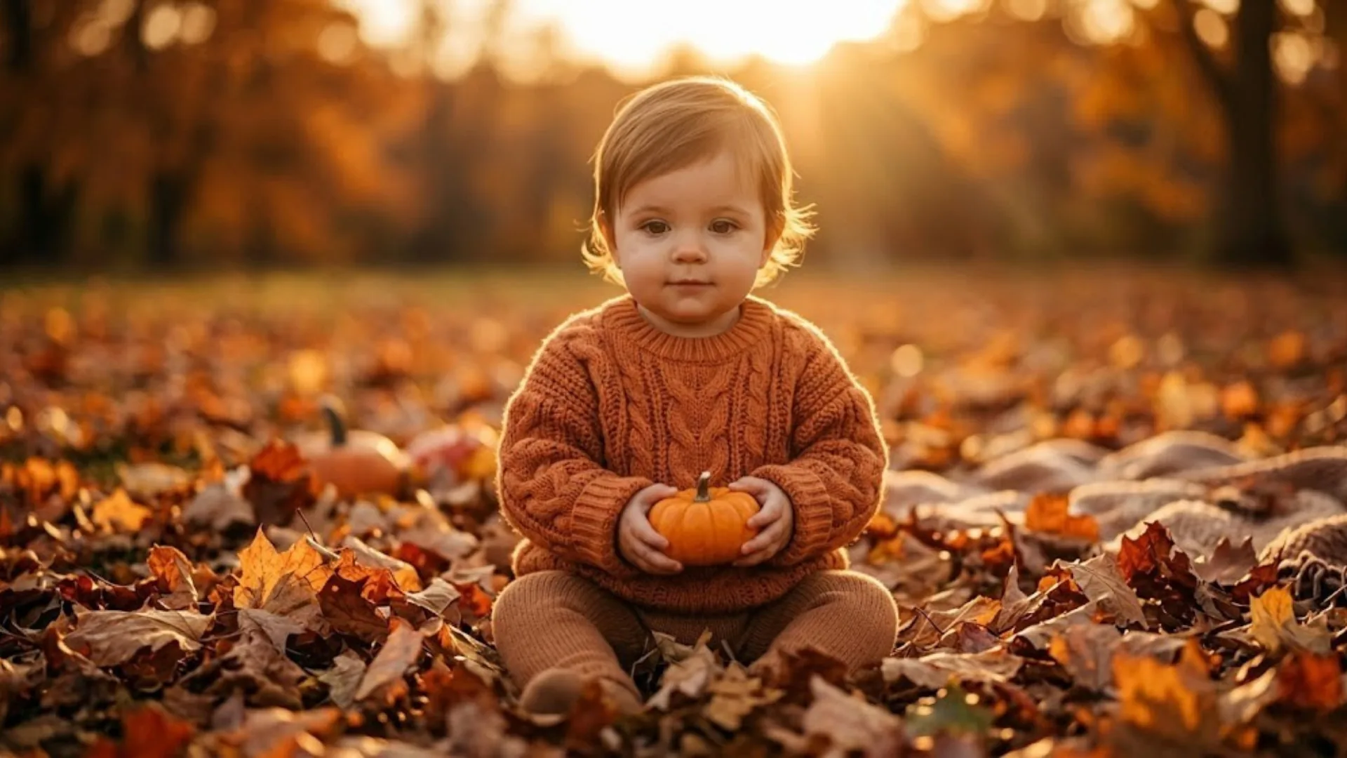 AI-generated baby in an oversized knitted sweater sitting on dry autumn leaves holding a small pumpkin with warm golden sunset light